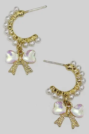 Dangling Bow Pearl Hoop Earrings