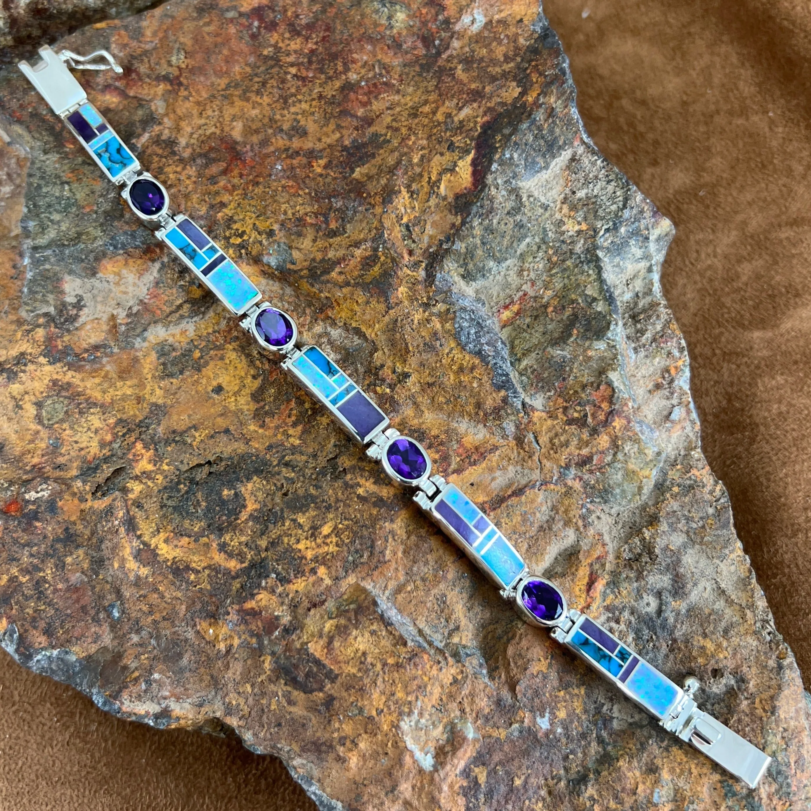 David Rosales Shalako Inlaid Sterling Silver Big Link Bracelet w/ Amethyst