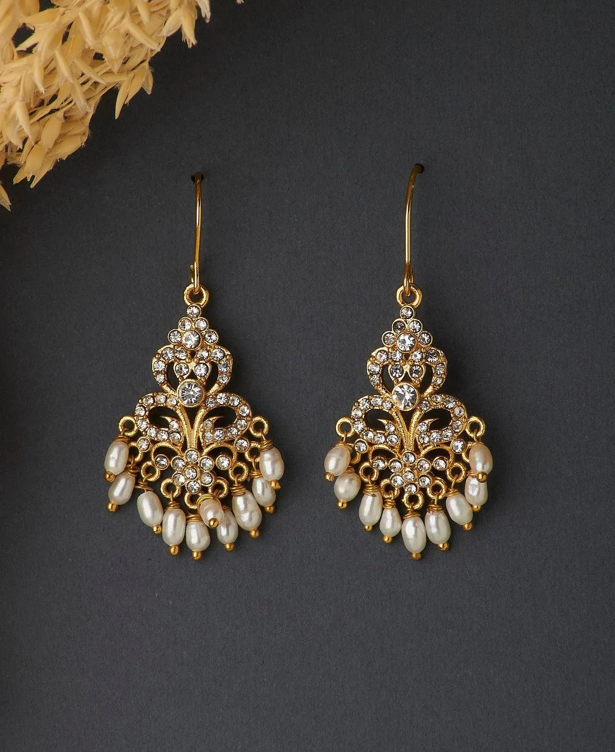 Delicate Gold Stone Studded Pearl Drop Earrings