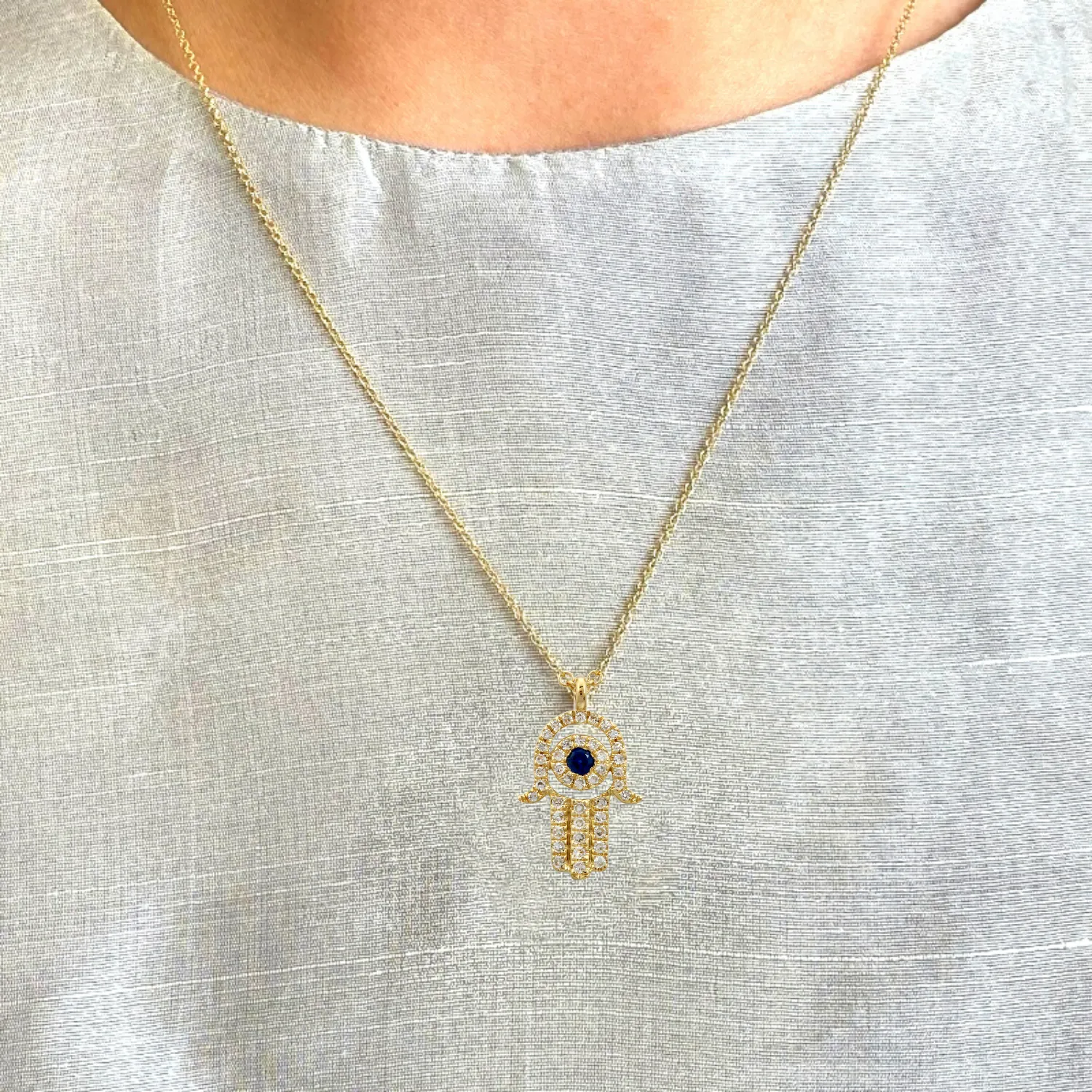 Diamond Sapphire Hamsa Hand Necklace