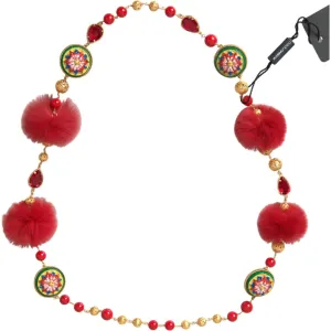 Dolce & Gabbana Gold Brass Red Fur Crystal Carretto Chain Necklace