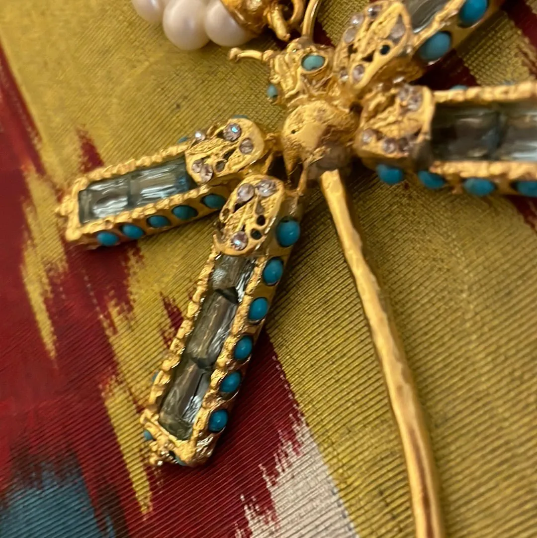 Dragonfly Pearl and Turquoise Necklace