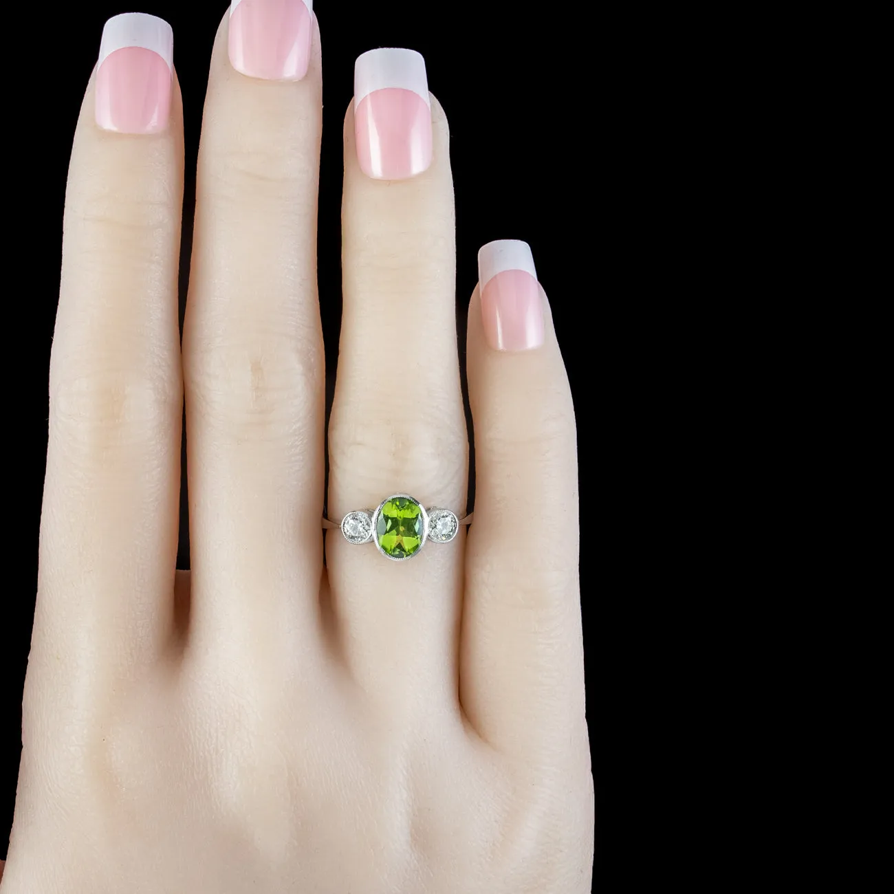 Edwardian Style Peridot Diamond Trilogy Ring 1.6ct Peridot