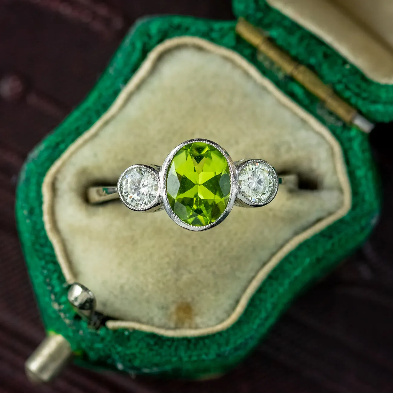 Edwardian Style Peridot Diamond Trilogy Ring 1.6ct Peridot