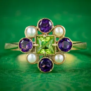 Edwardian Suffragette Style Cluster Ring with Peridot Amethyst Pearl