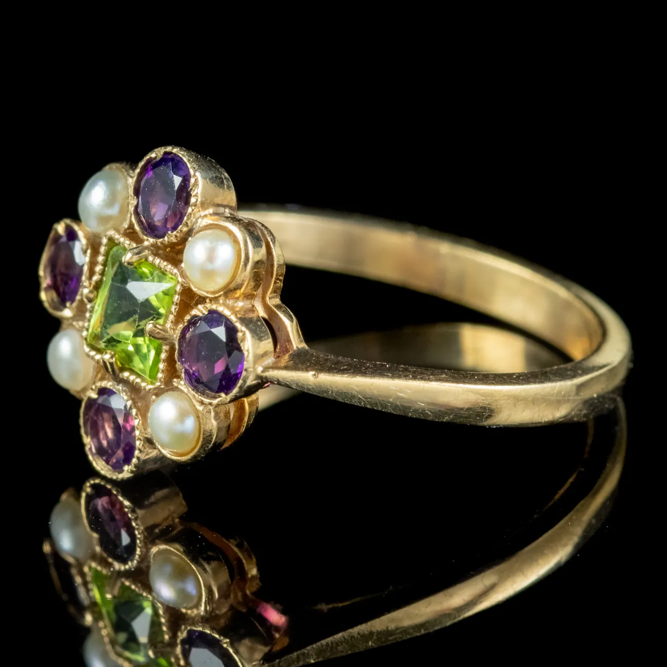 Edwardian Suffragette Style Cluster Ring with Peridot Amethyst Pearl