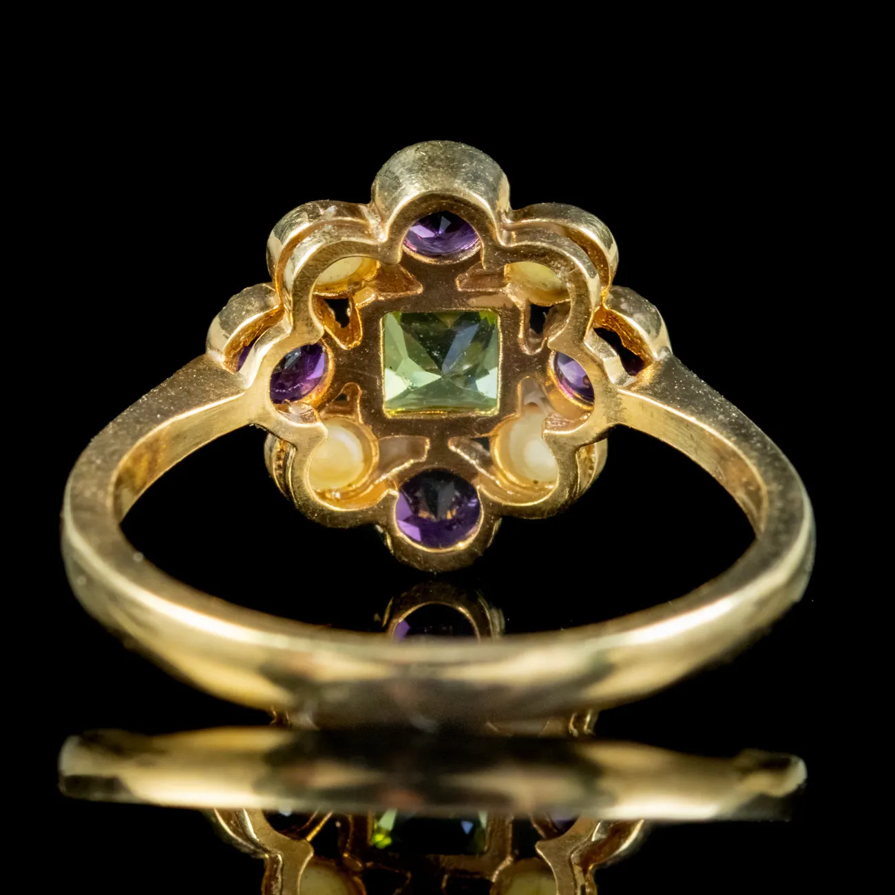 Edwardian Suffragette Style Cluster Ring with Peridot Amethyst Pearl