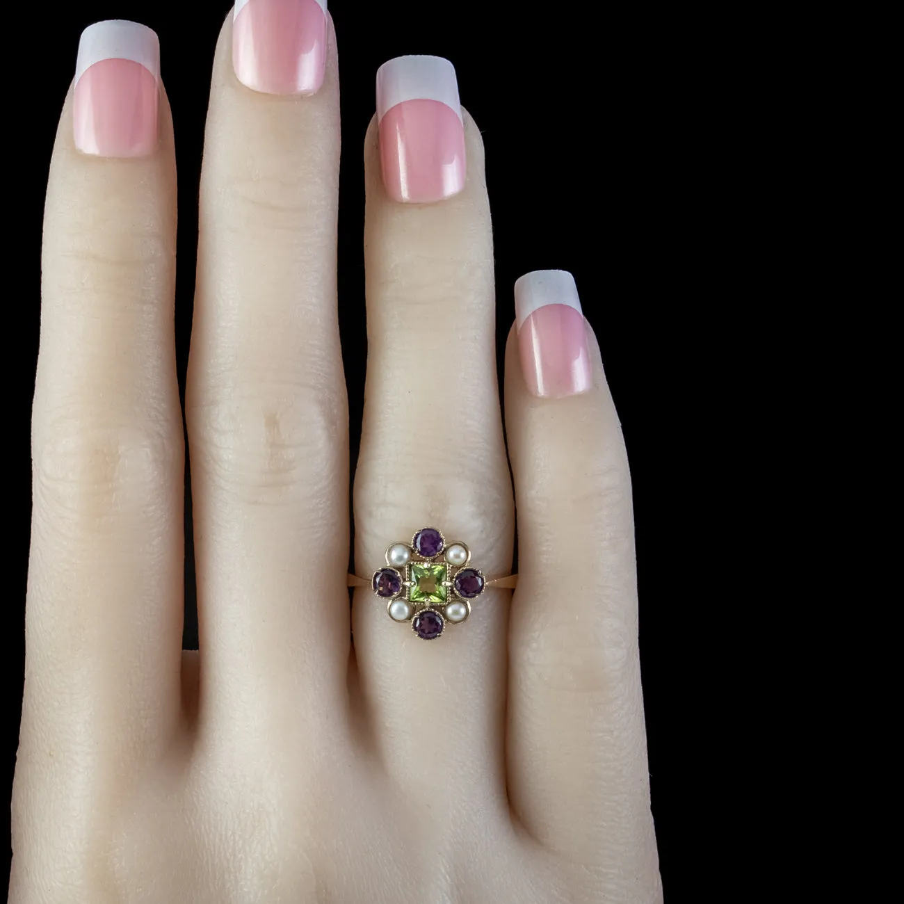 Edwardian Suffragette Style Cluster Ring with Peridot Amethyst Pearl