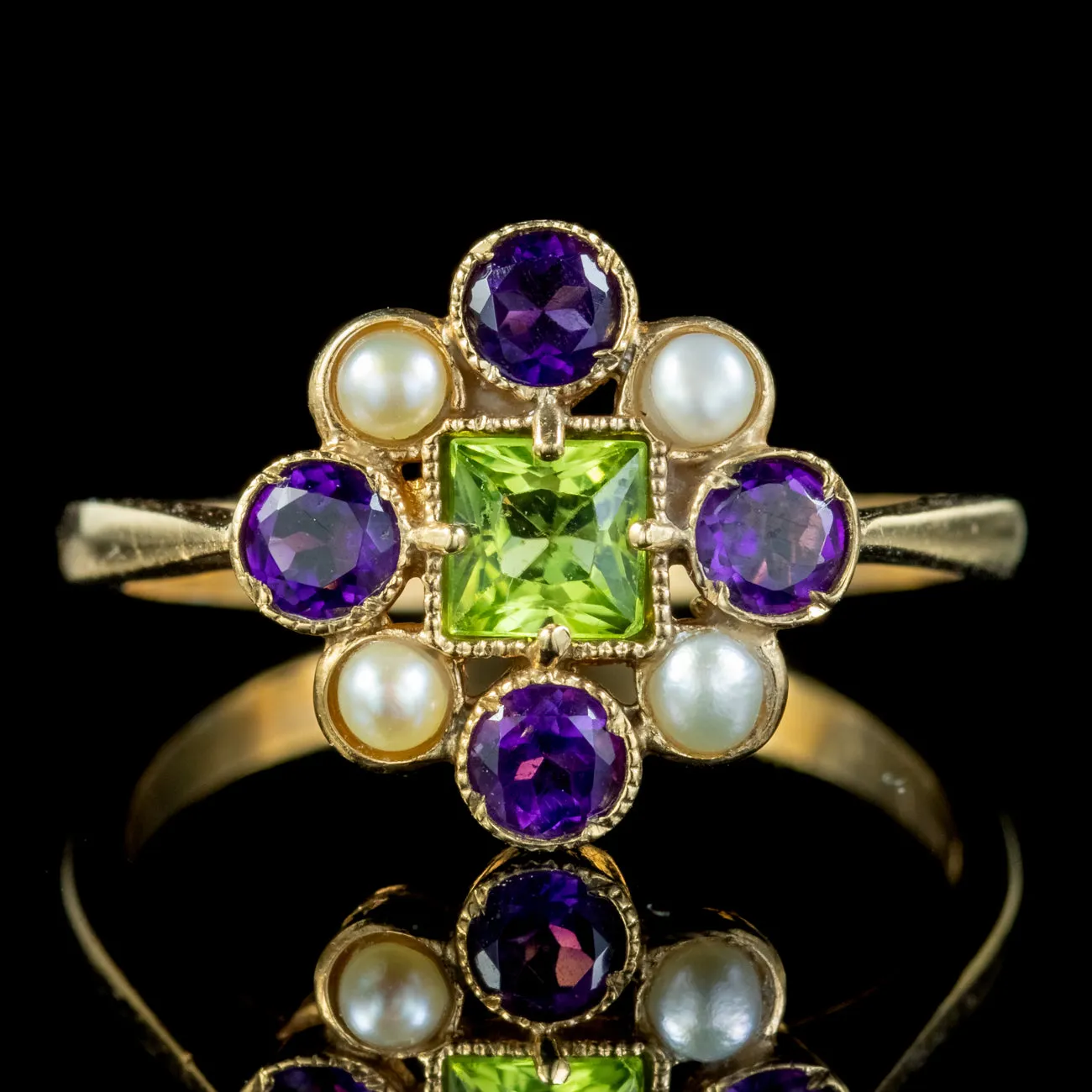 Edwardian Suffragette Style Cluster Ring with Peridot Amethyst Pearl