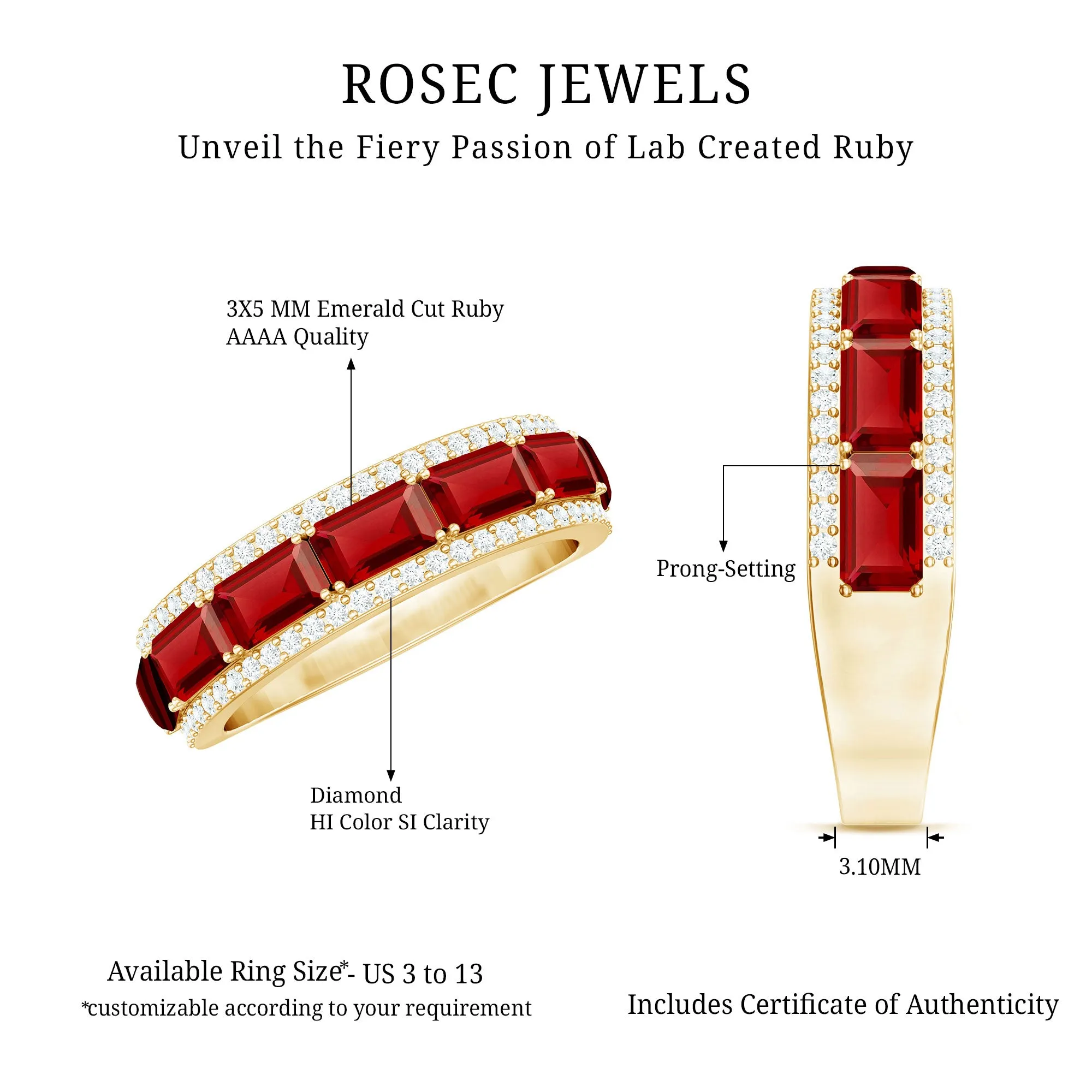 Emerald Cut Lab Grown Ruby Moissanite Half Eternity Band