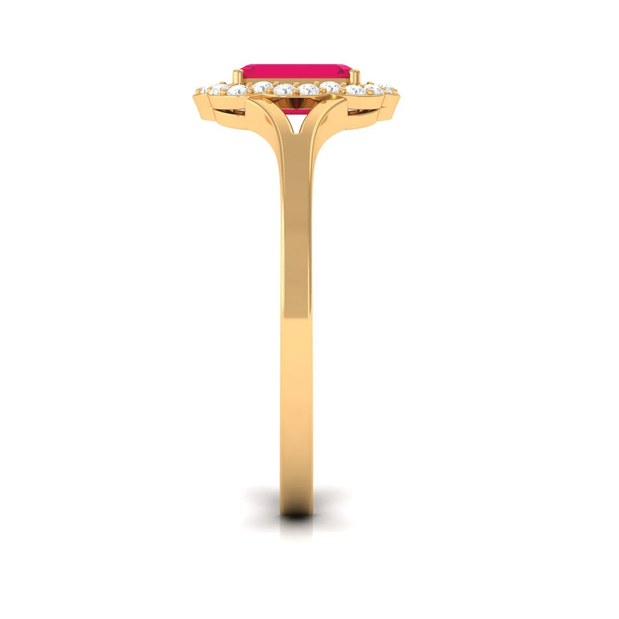 Emerald Cut Ruby and Diamond Floral Halo Ring with Split Shank