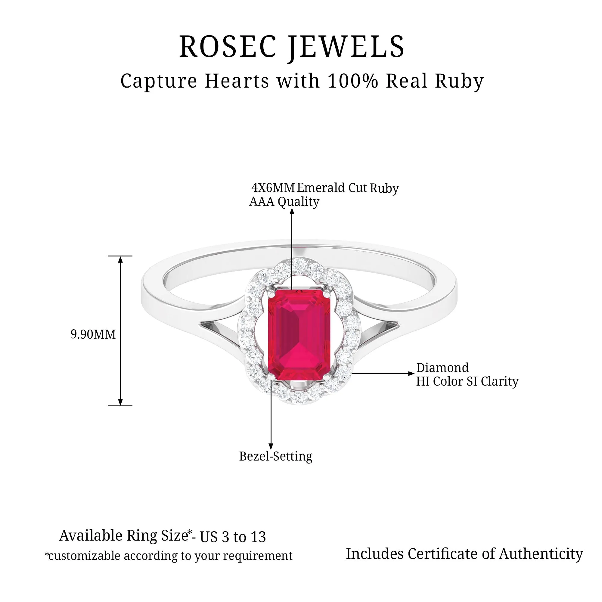 Emerald Cut Ruby and Diamond Floral Halo Ring with Split Shank