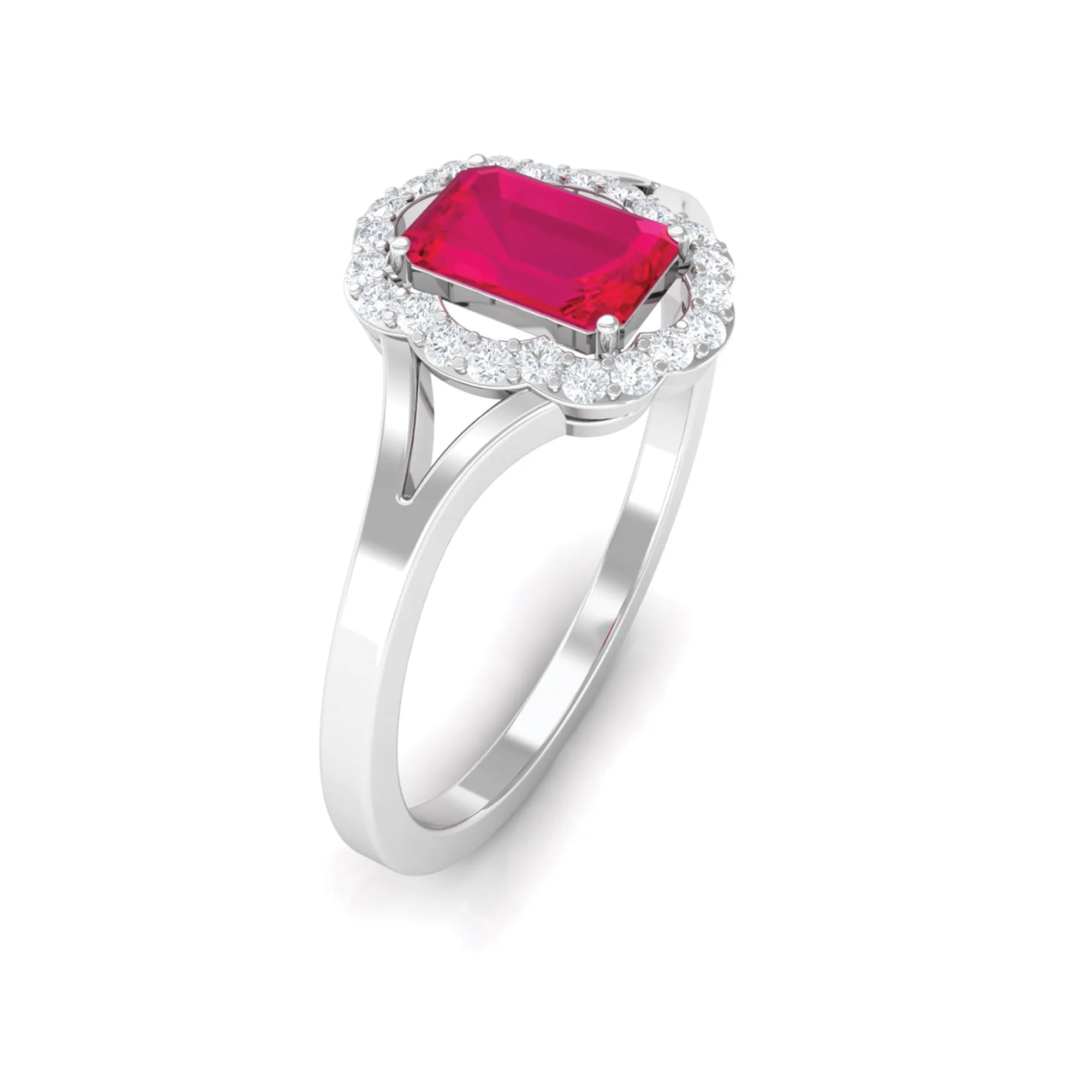 Emerald Cut Ruby and Diamond Floral Halo Ring with Split Shank