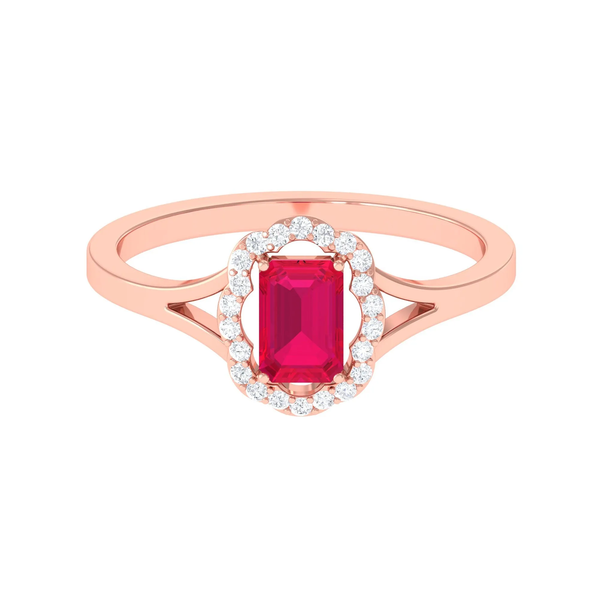 Emerald Cut Ruby and Diamond Floral Halo Ring with Split Shank