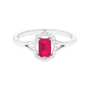 Emerald Cut Ruby and Diamond Floral Halo Ring with Split Shank