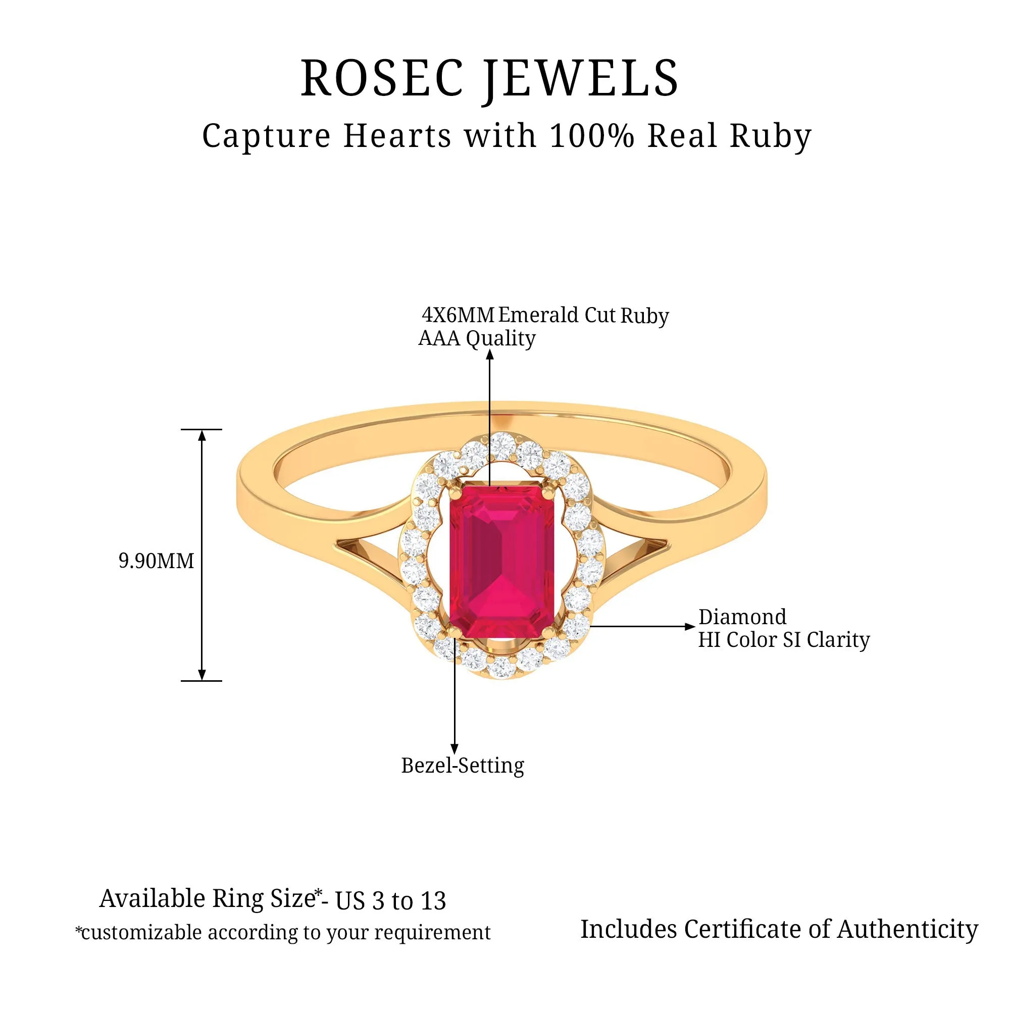 Emerald Cut Ruby and Diamond Floral Halo Ring with Split Shank