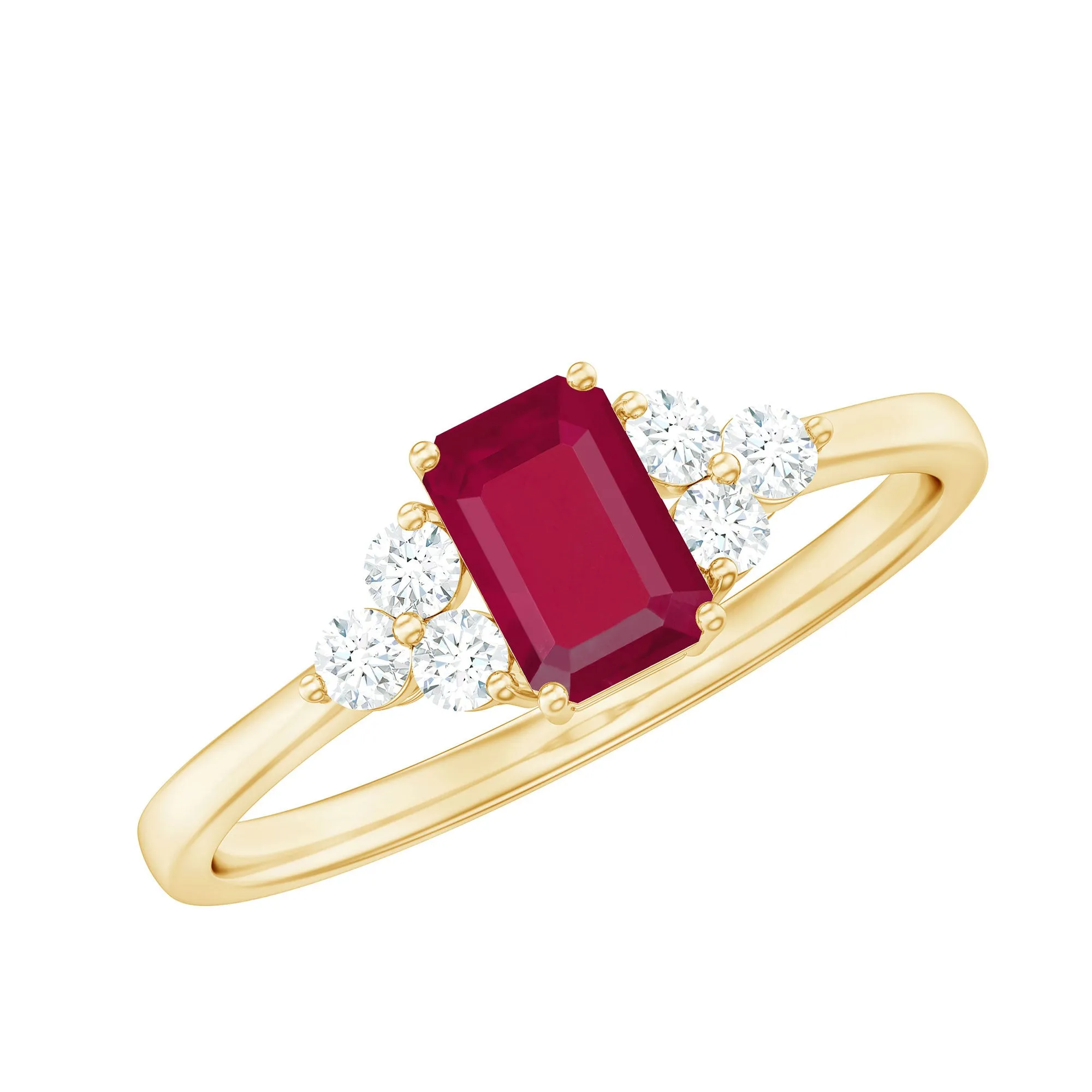 Emerald Cut Ruby Solitaire Ring with Diamond Trio