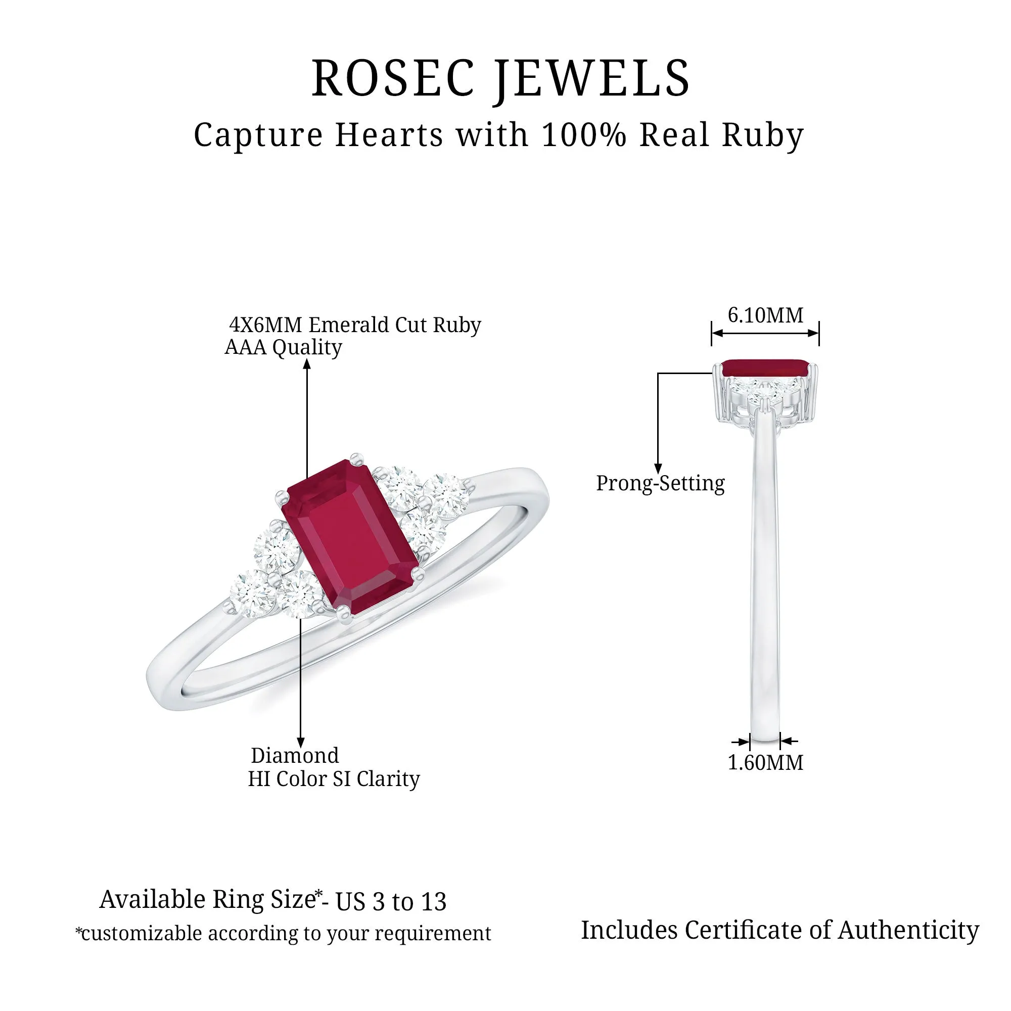 Emerald Cut Ruby Solitaire Ring with Diamond Trio