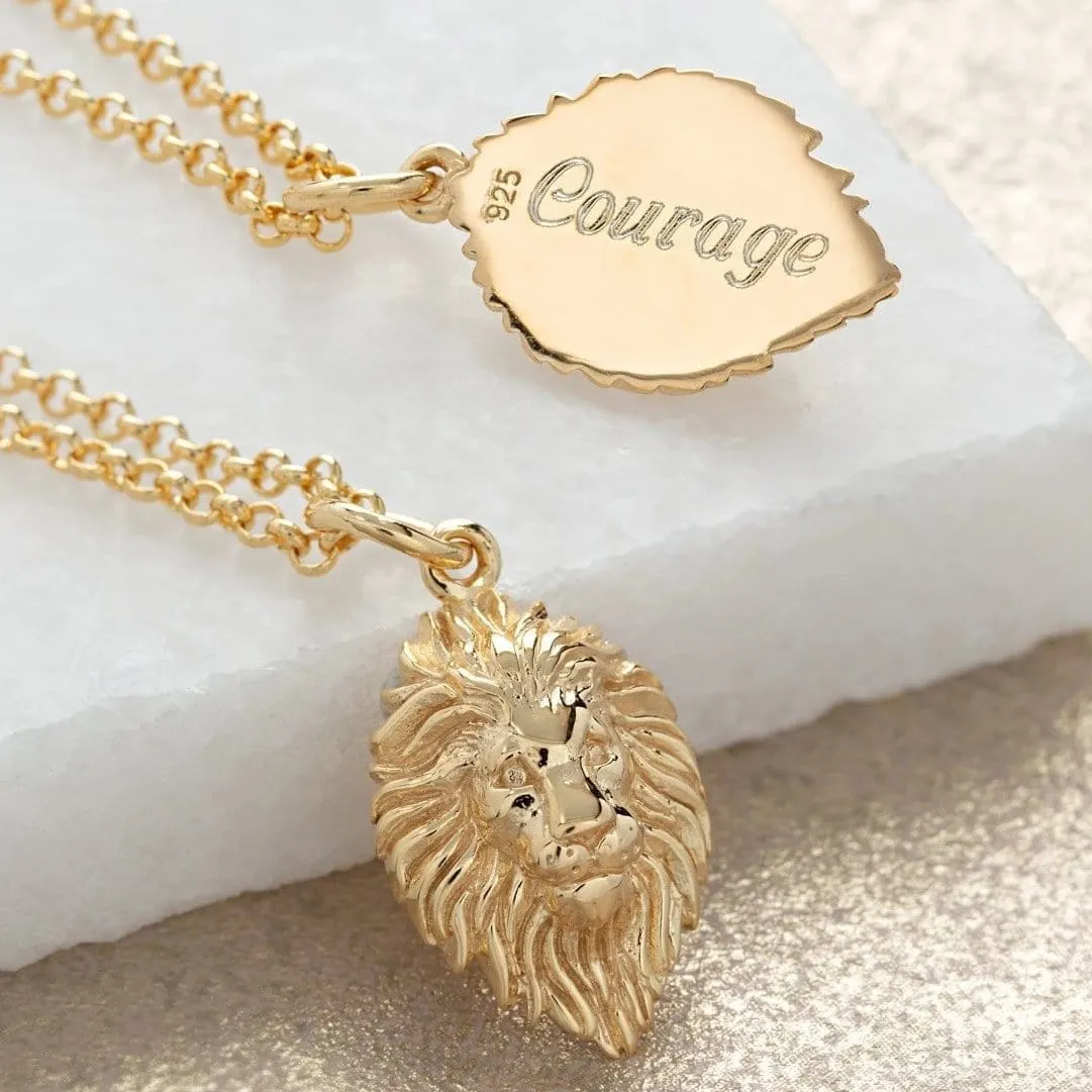 Engraved Gold Plated Lion Head Necklace