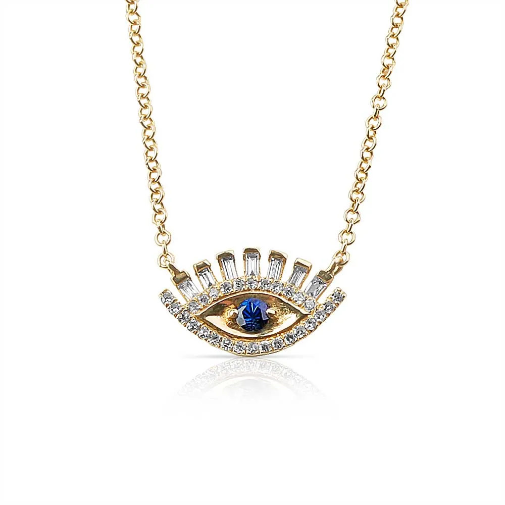 EVIL EYE NECKLACE WITH BAGUETTE DIAMOND LASHES