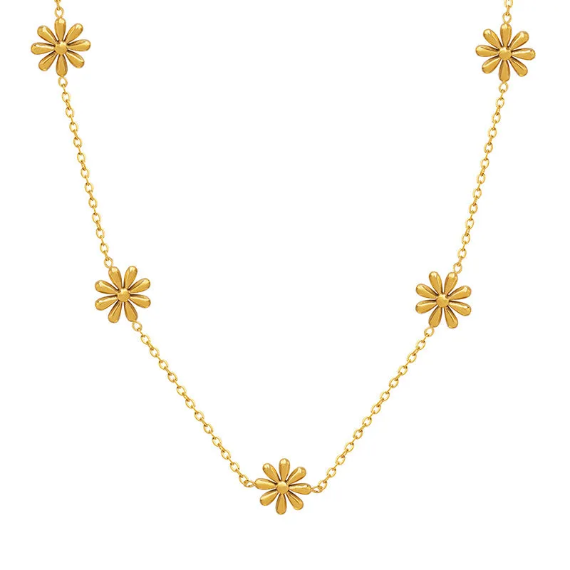 Fairy Style Floral Fresh Design Small Daisy Titanium Steel Gold-Plated Necklace