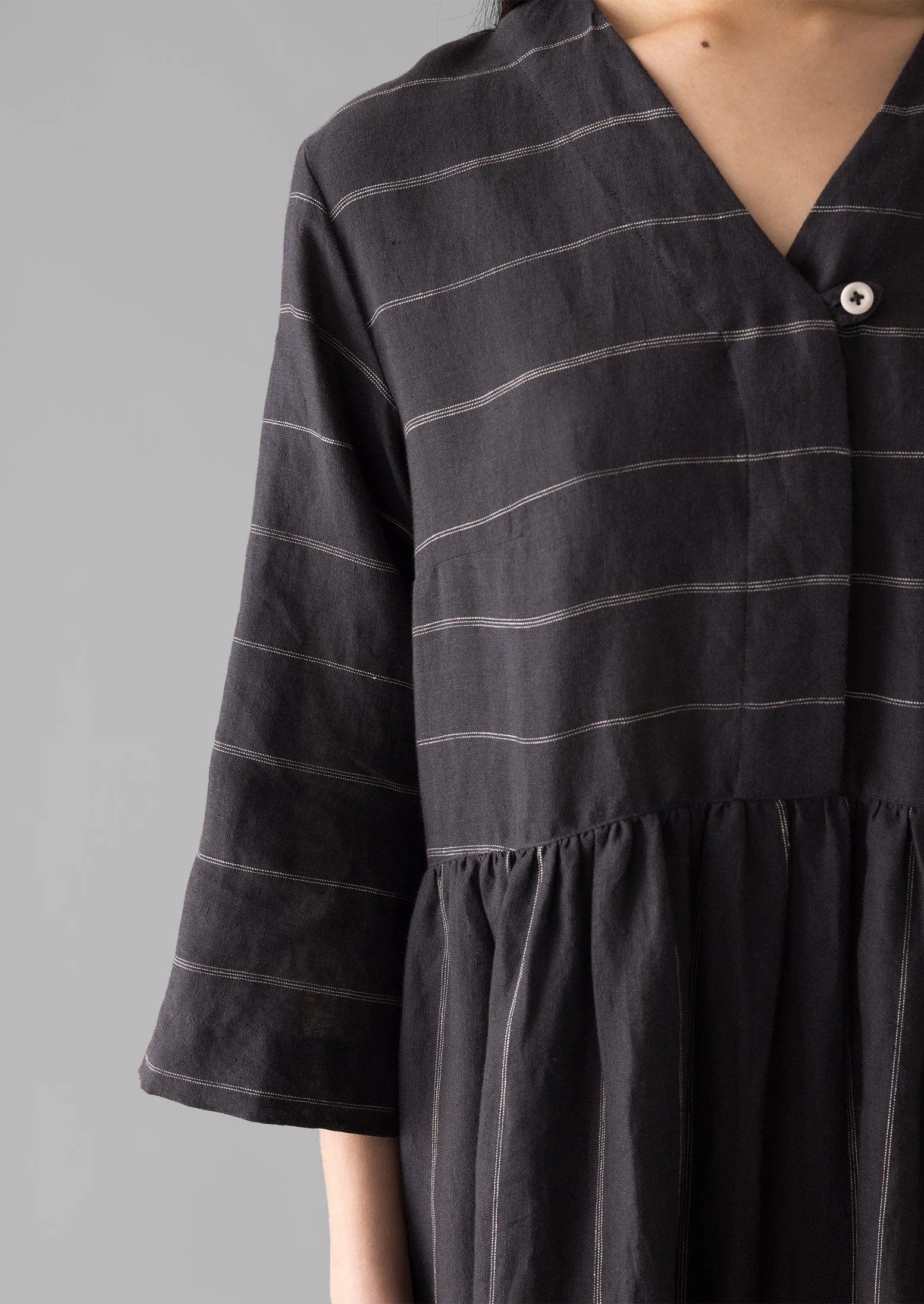 Fine Stripe Linen V-Neck Dress | Onyx