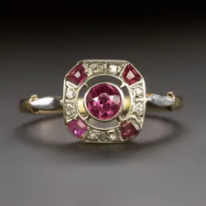 FRENCH ANTIQUE RUBY DIAMOND COCKTAIL RING 18k YELLOW GOLD 1900s ESTATE JEWELRY