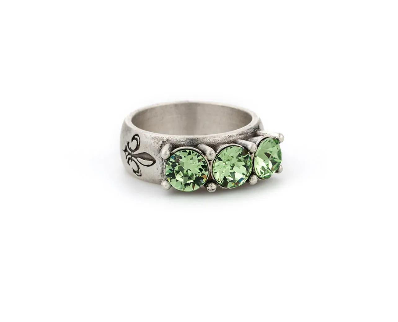 French Kande Peridot Triple Austrian Crystal Ring, Silver