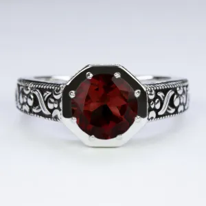 GARNET STERLING SILVER RING VINTAGE STYLE ROUND ART DECO RED GEMSTONE SOLITAIRE