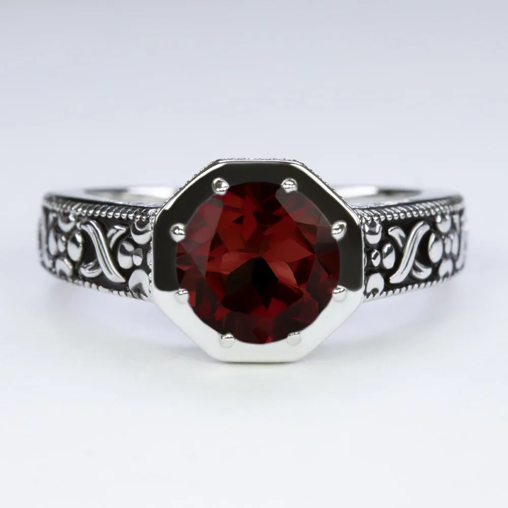 GARNET STERLING SILVER RING VINTAGE STYLE ROUND ART DECO RED GEMSTONE SOLITAIRE