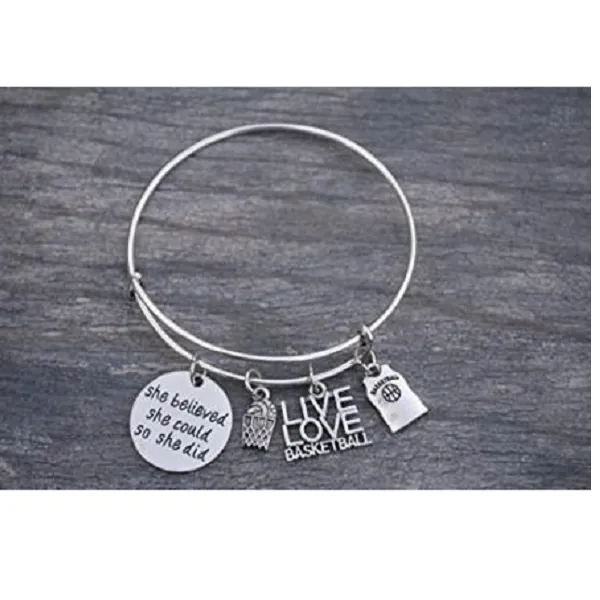 Girls Basketball She Believed She Could She Did Bangle Bracelet & Card