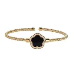 Gold Finish Sterling Silver Basketweave Cable Cuff  Bracelet with a Flower Shaped Onyx Stone and Simulated Diamonds