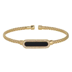 Gold Finish Sterling Silver Basketweave Cable Cuff  Bracelet with an Oval with Simulated Diamonds and an Onyx Stone