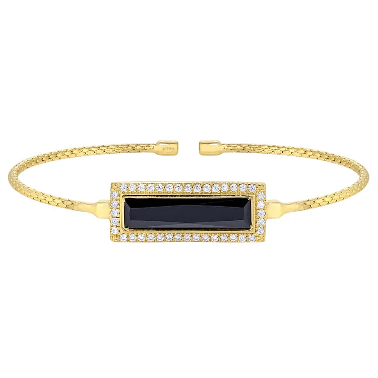 Gold Finish Sterling Silver Cable Cuff Bracelet with Rectangular Simulated Onyx Stone and Simulated Diamonds