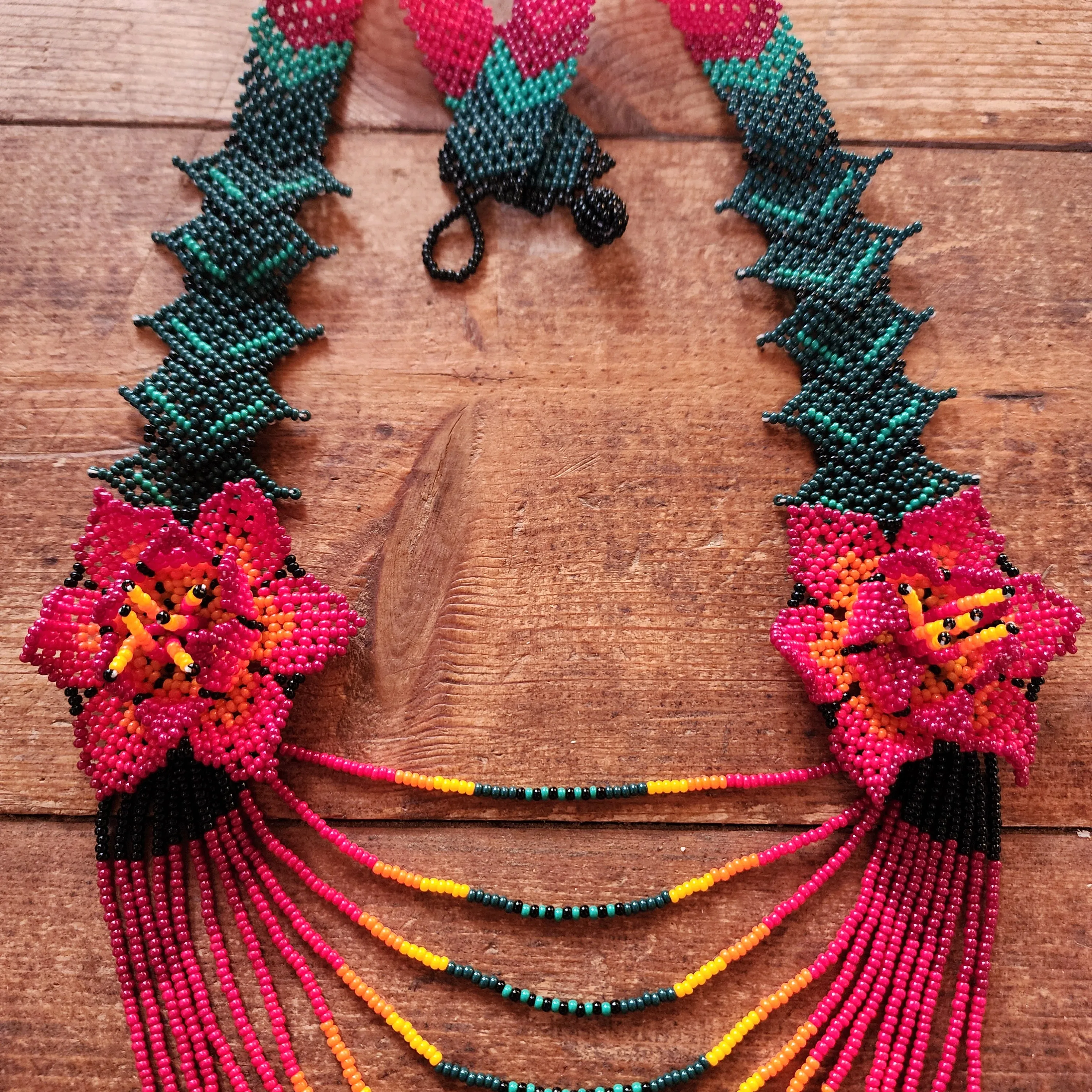 Graceful Two Flowers Huichol Necklace - 24.5" Long