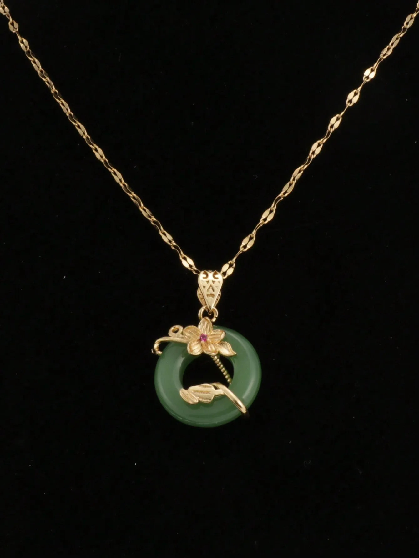 Green Peace Buckle Necklace Flower Ring Micro-Paved Light Niche Green Jade Lotus