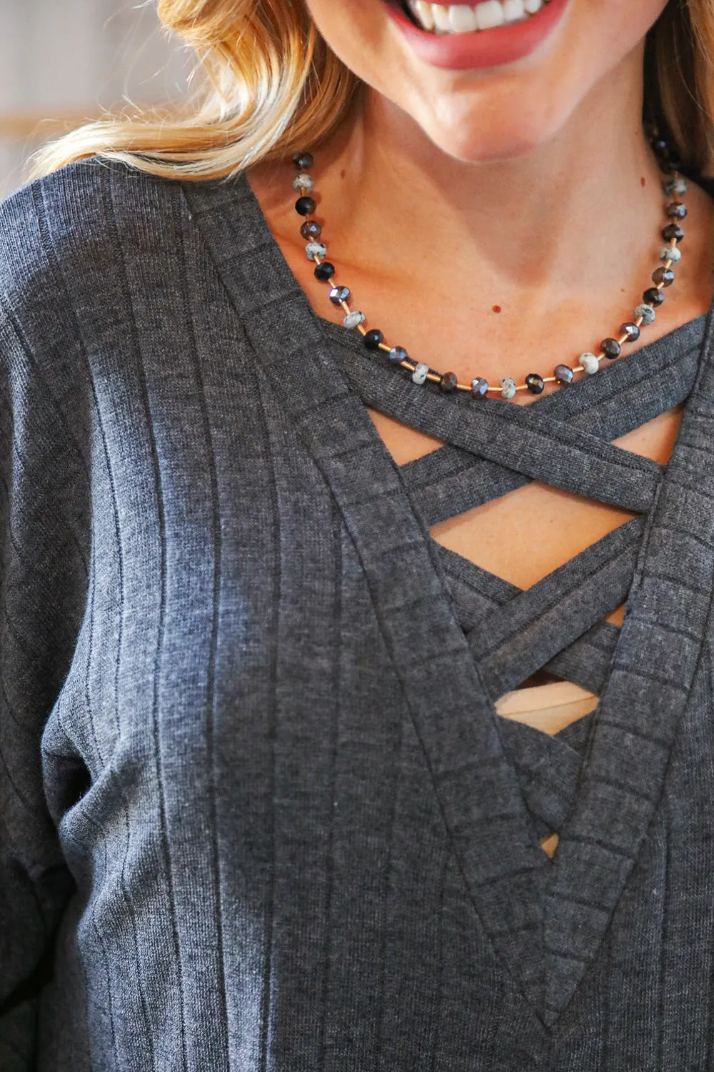 Grey Beaded Chain Necklace with Lobster Clasp