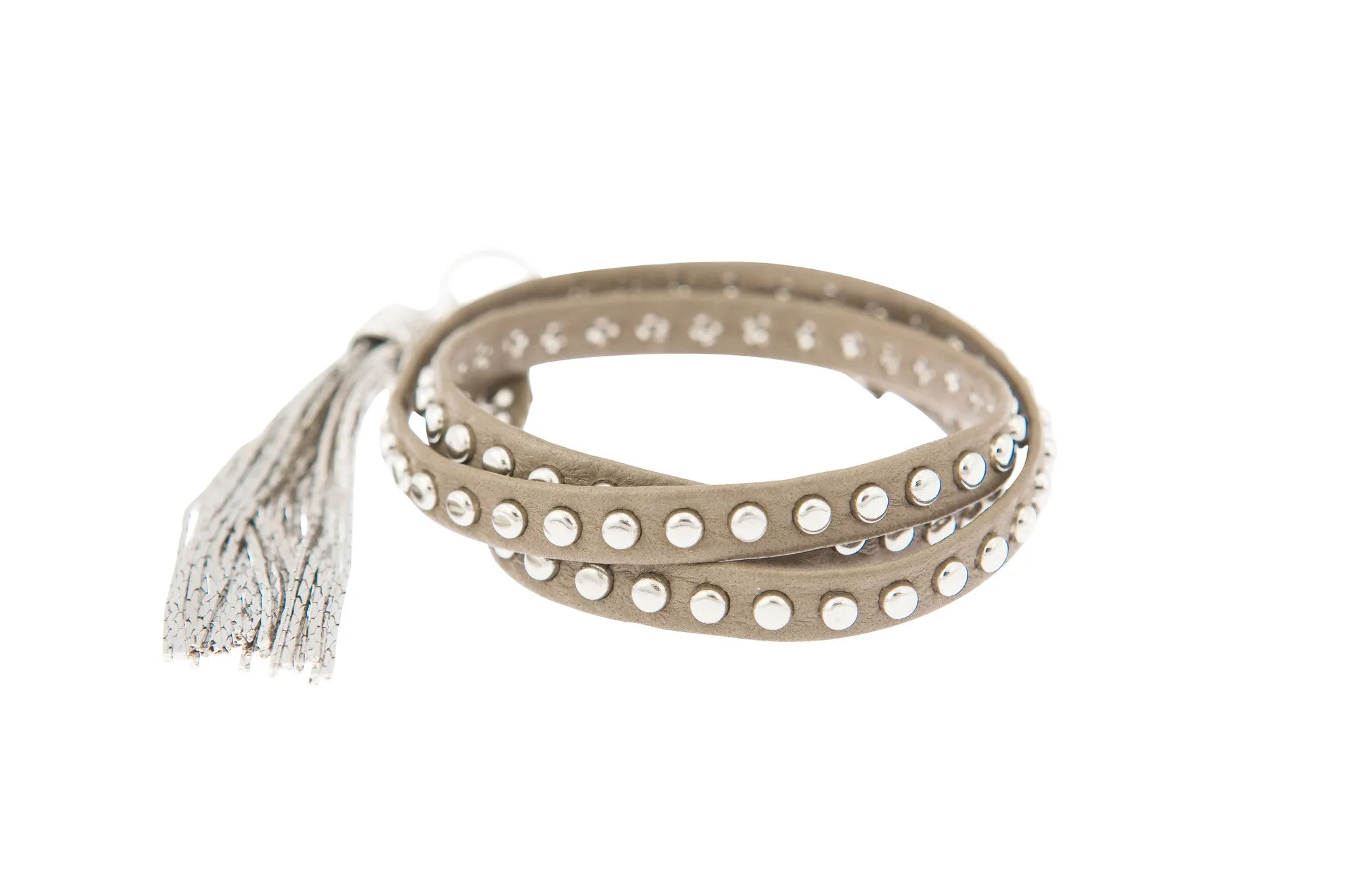 Grey Studded Leather Tassel Bracelet