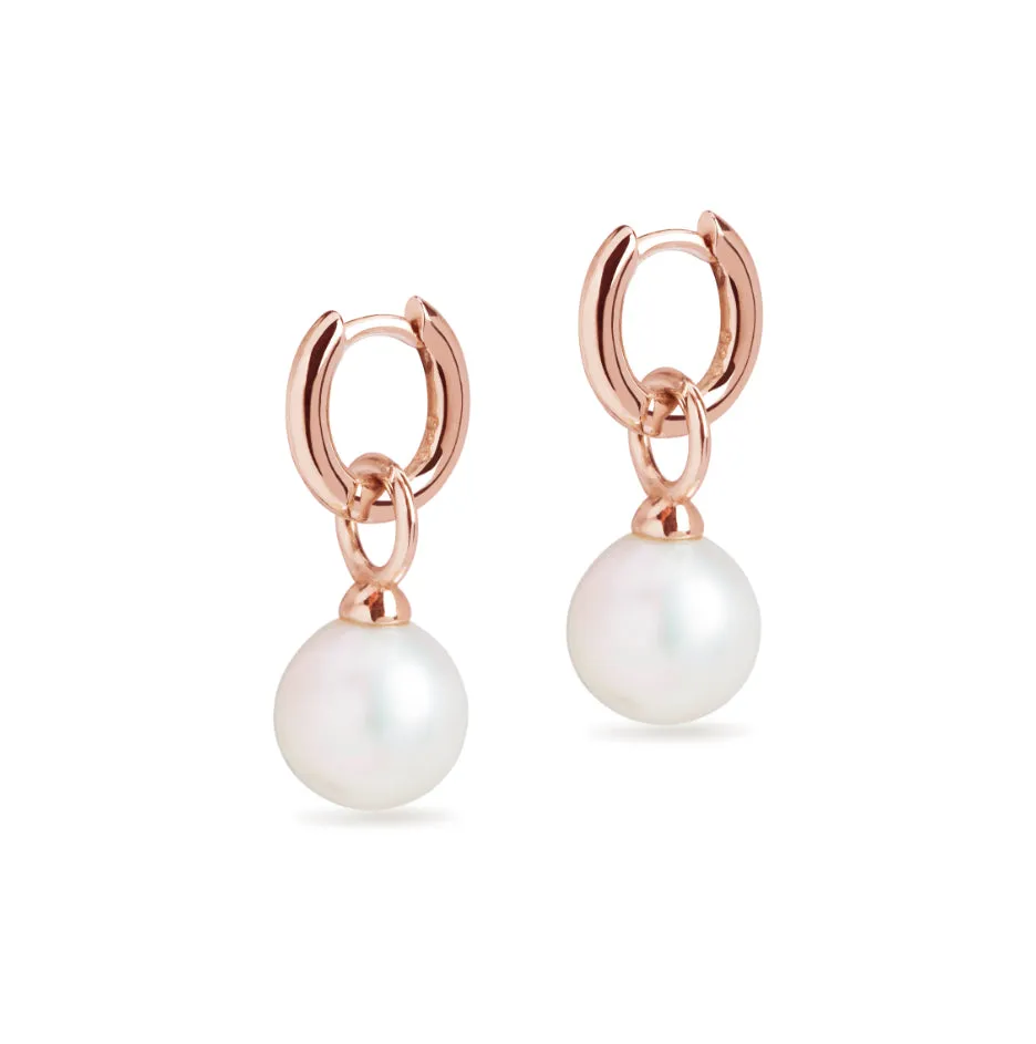 Huggie and Round Cultured Pearl Charm Rose Gold Earring Set