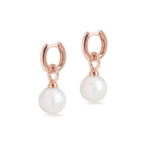 Huggie and Round Cultured Pearl Charm Rose Gold Earring Set