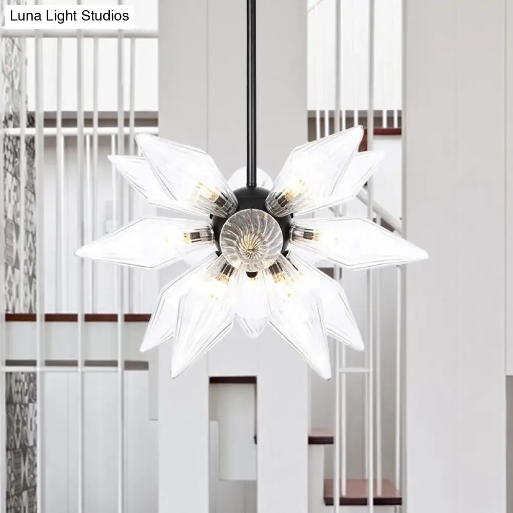 Industrial Amber/Clear Ribbed Glass Pendant Lighting with Starburst Design - 9/12/15 Heads Bedroom Chandelier Lamp