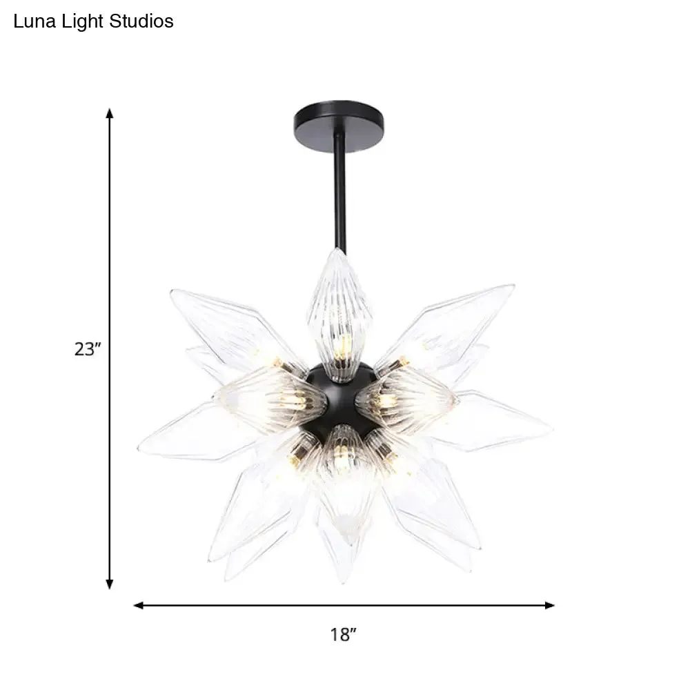 Industrial Amber/Clear Ribbed Glass Pendant Lighting with Starburst Design - 9/12/15 Heads Bedroom Chandelier Lamp