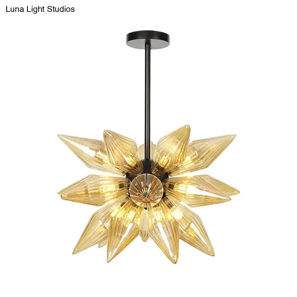 Industrial Amber/Clear Ribbed Glass Pendant Lighting with Starburst Design - 9/12/15 Heads Bedroom Chandelier Lamp