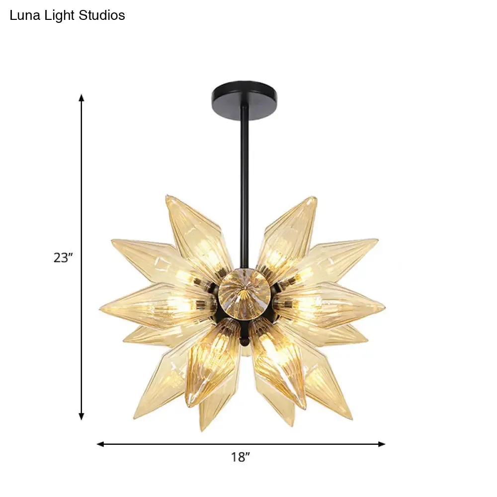 Industrial Amber/Clear Ribbed Glass Pendant Lighting with Starburst Design - 9/12/15 Heads Bedroom Chandelier Lamp