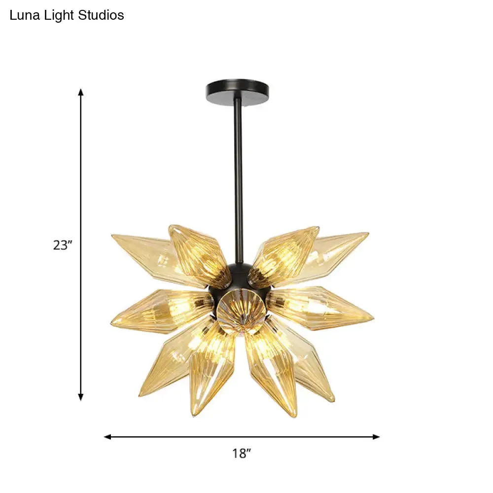 Industrial Amber/Clear Ribbed Glass Pendant Lighting with Starburst Design - 9/12/15 Heads Bedroom Chandelier Lamp