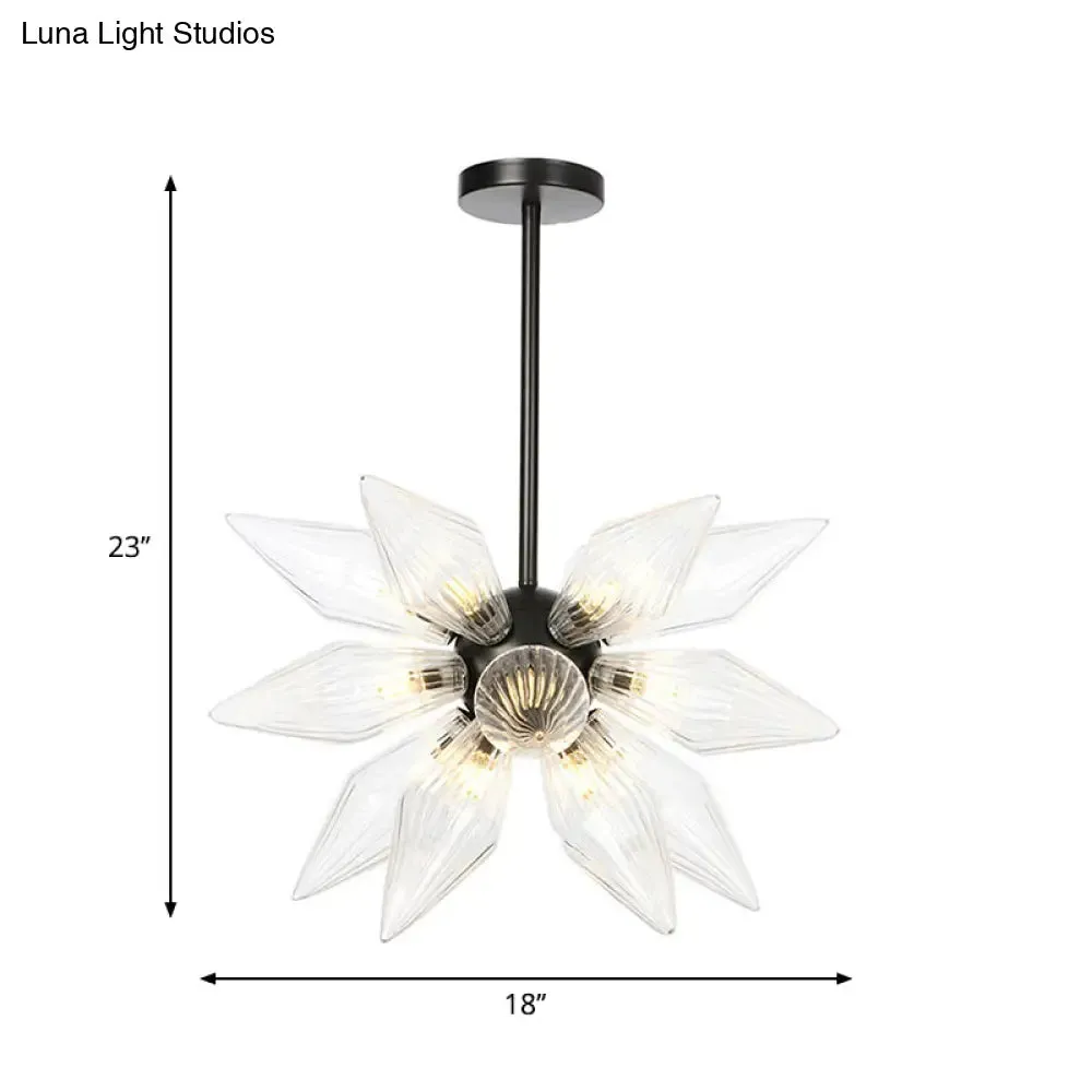 Industrial Amber/Clear Ribbed Glass Pendant Lighting with Starburst Design - 9/12/15 Heads Bedroom Chandelier Lamp