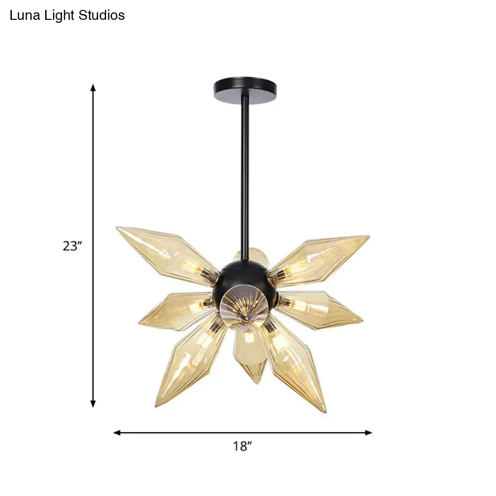 Industrial Amber/Clear Ribbed Glass Pendant Lighting with Starburst Design - 9/12/15 Heads Bedroom Chandelier Lamp