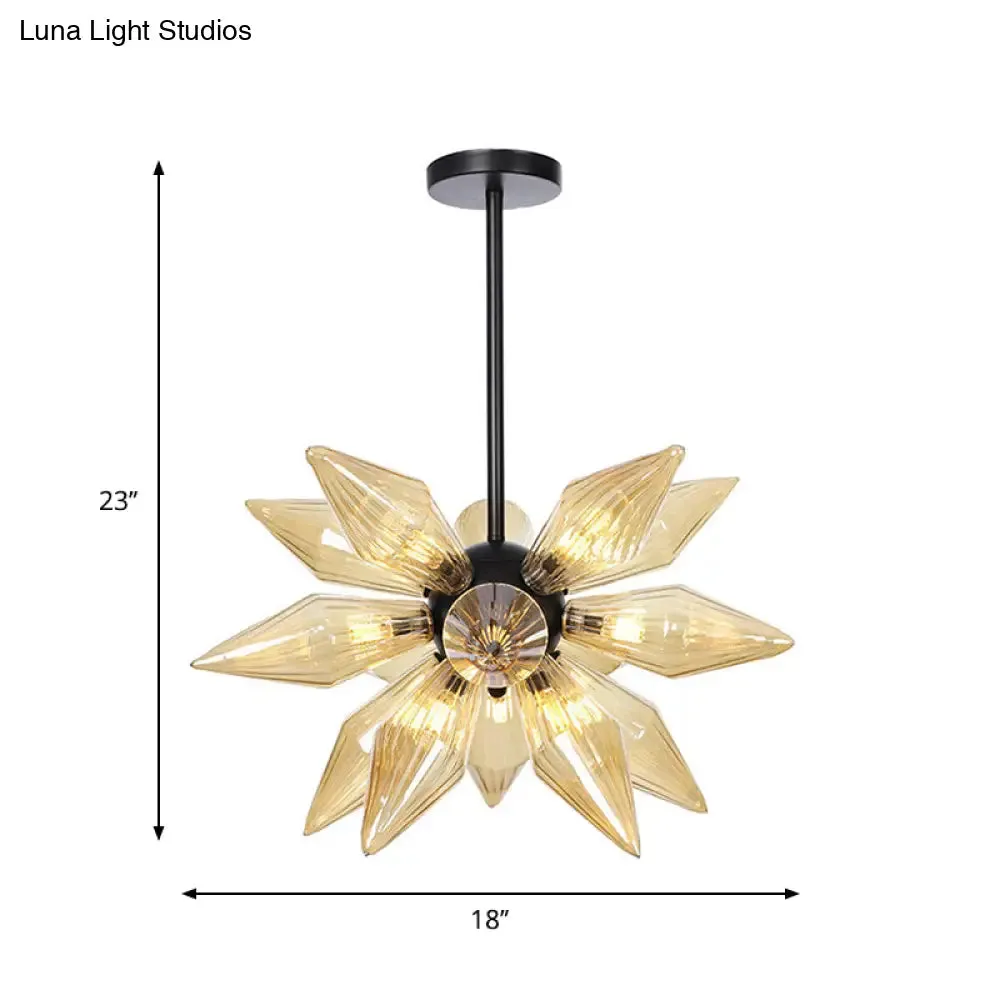 Industrial Amber/Clear Ribbed Glass Pendant Lighting with Starburst Design - 9/12/15 Heads Bedroom Chandelier Lamp