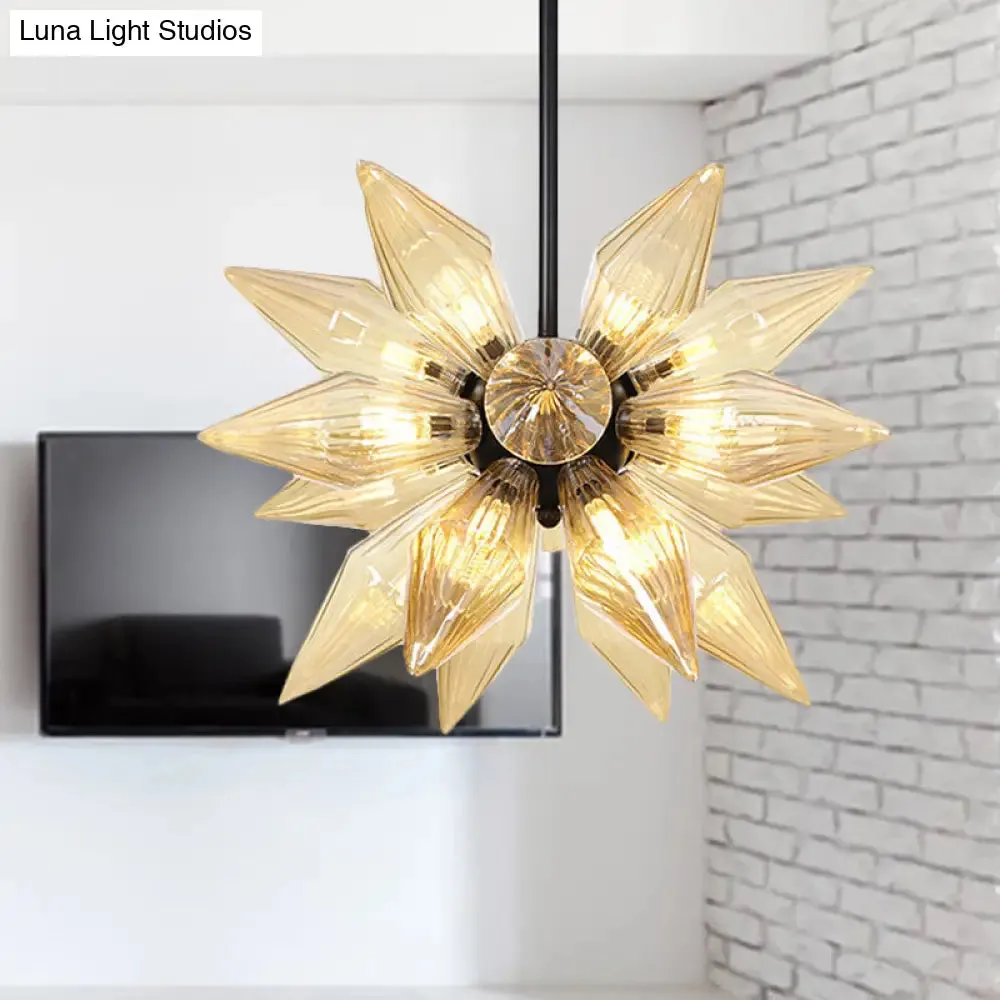 Industrial Amber/Clear Ribbed Glass Pendant Lighting with Starburst Design - 9/12/15 Heads Bedroom Chandelier Lamp