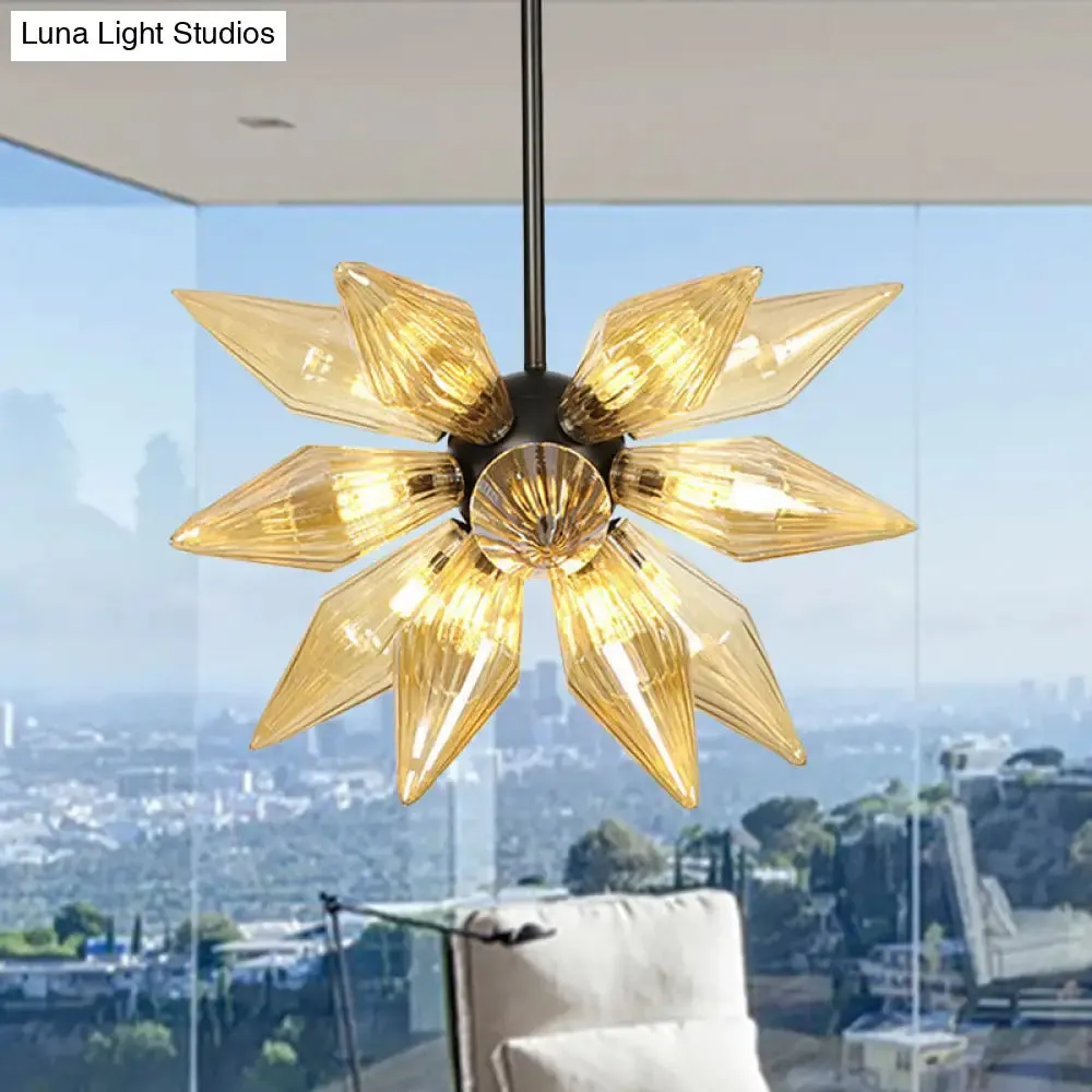 Industrial Amber/Clear Ribbed Glass Pendant Lighting with Starburst Design - 9/12/15 Heads Bedroom Chandelier Lamp